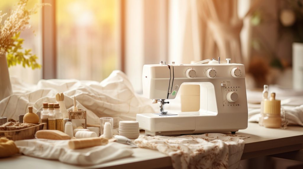 A white sewing machine sits on a table with various sewing supplies
